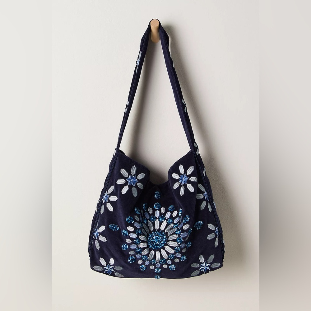 Free People Navy Embroidered Beaded Hobo Bag